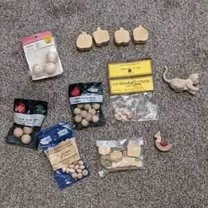 LOT of Miscellaneous Wooden Craft Items; Beads, Caps, Cat, Apples
